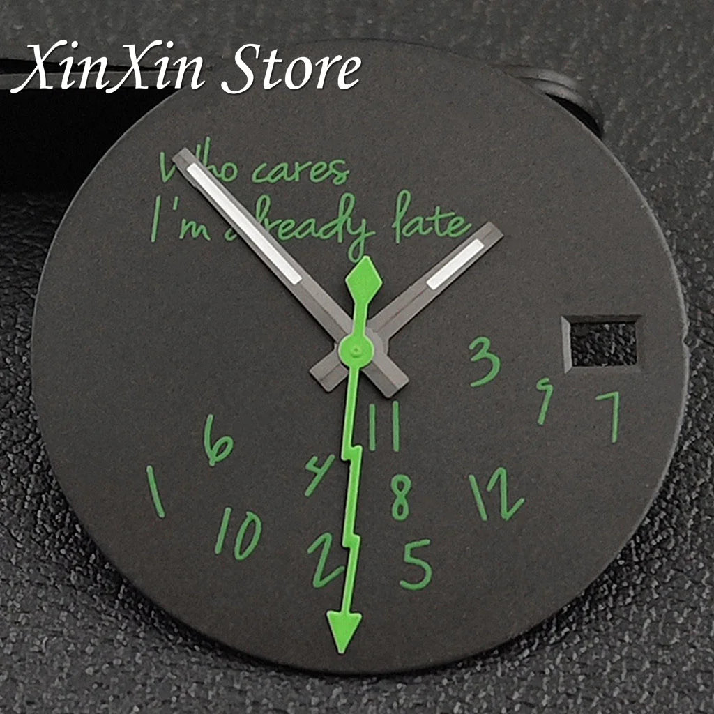 Black NH35 28.5mm Watch Dial Who Cares  With Lightning Second Hands For NH35 4R35 Movement Who Cares Lt's Already Late Replace Watch Dial