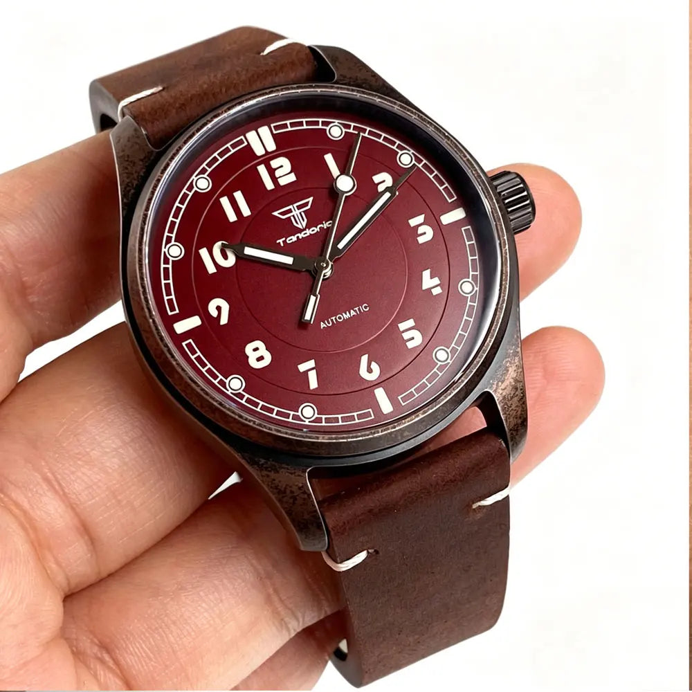 PVD Aged Pilot Watch Tandorio TD147V Vintage 39mm Bronze Coated Miyota 8215 PT5000 20ATM Sapphire Glass 10bar