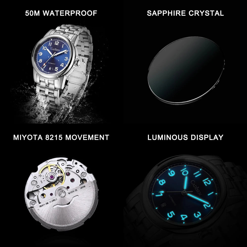 CADISEN 39MM Men Automatic Mechanical Watches 2024 New MIYOTA 8215 Sapphire Stainless Steel Clock Waterproof Watch Men