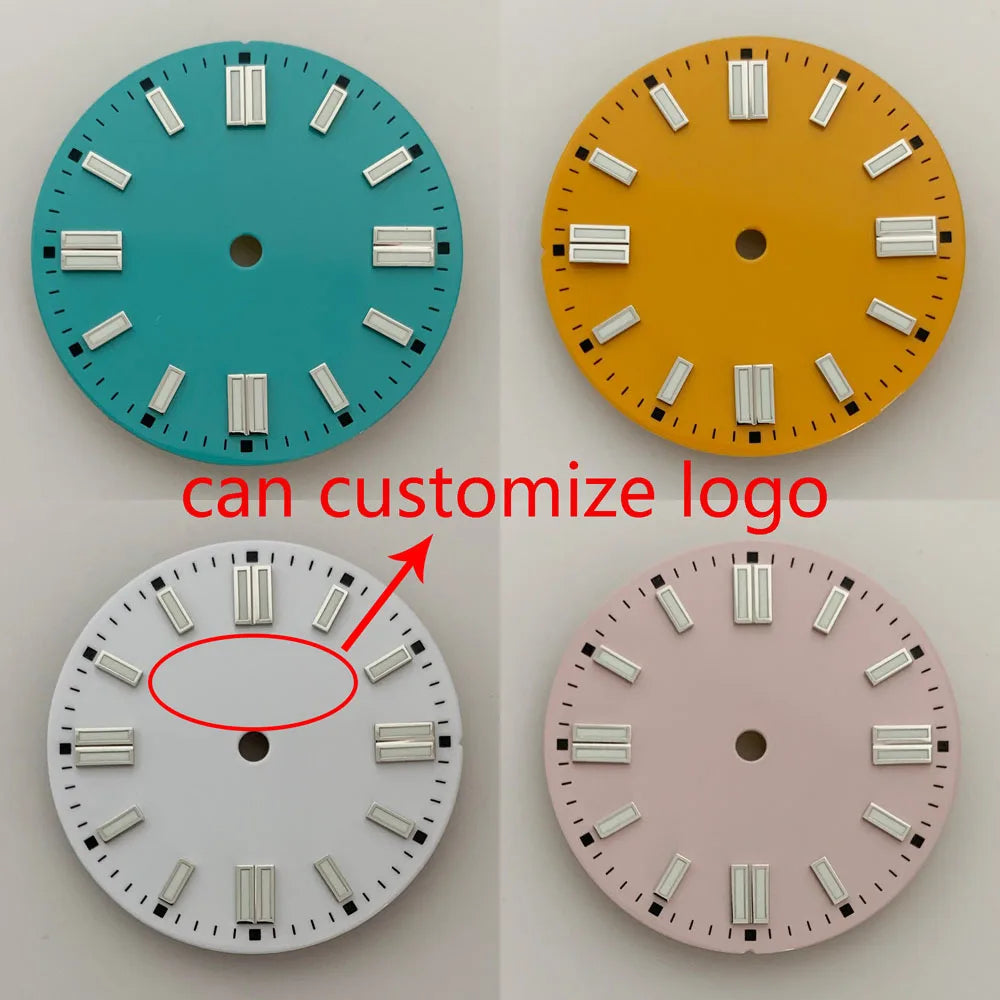 28.5mm NH35 double bar watch dial luminous grass green red dark blue yellow dial for NH35 automatic movement watch accessories can customize logo