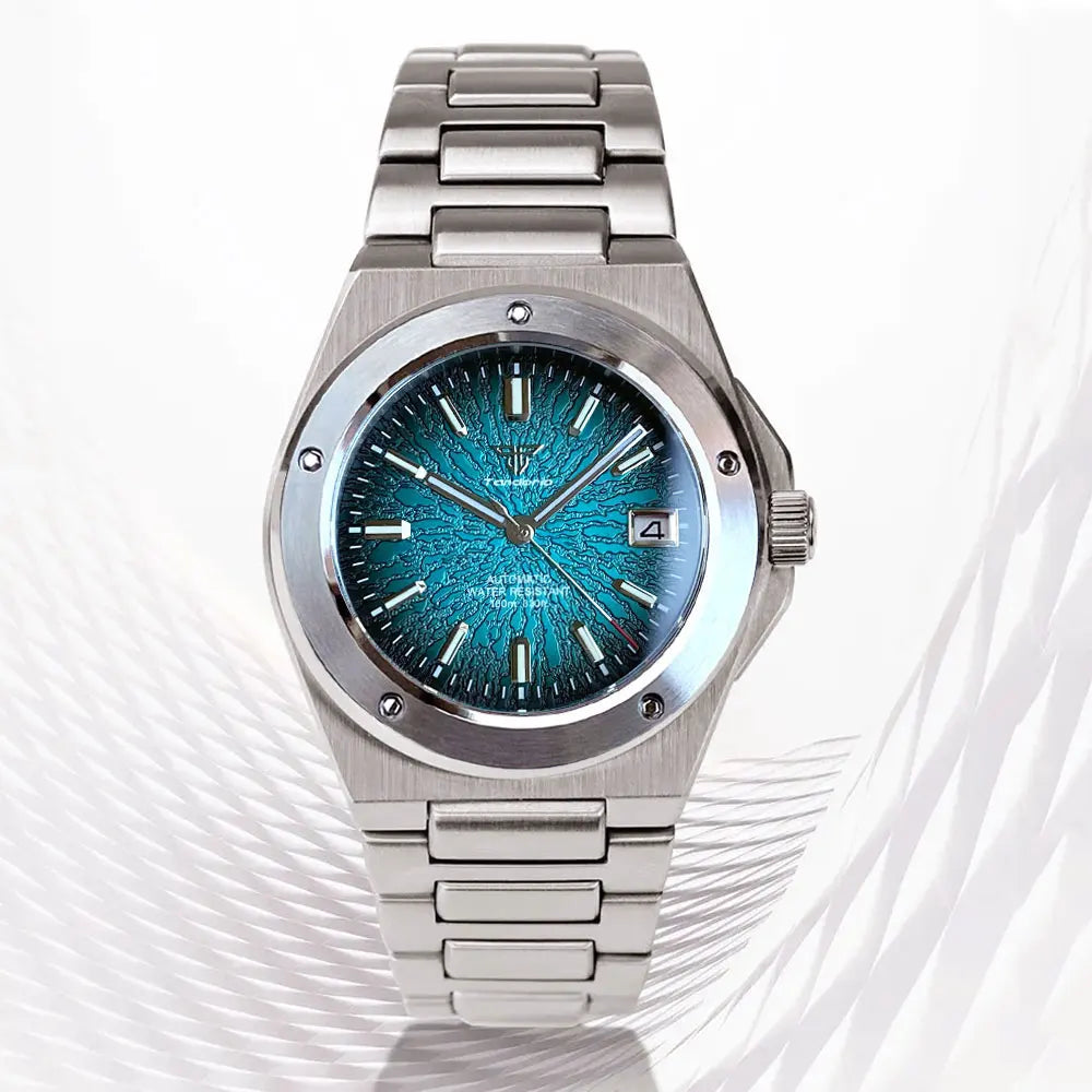 Tandorio Men Mechanical Watch Blue Teacup Pattern Date Face Sapphire Crystal Glass 100m Waterproof NH35 Automatic Movement Lume