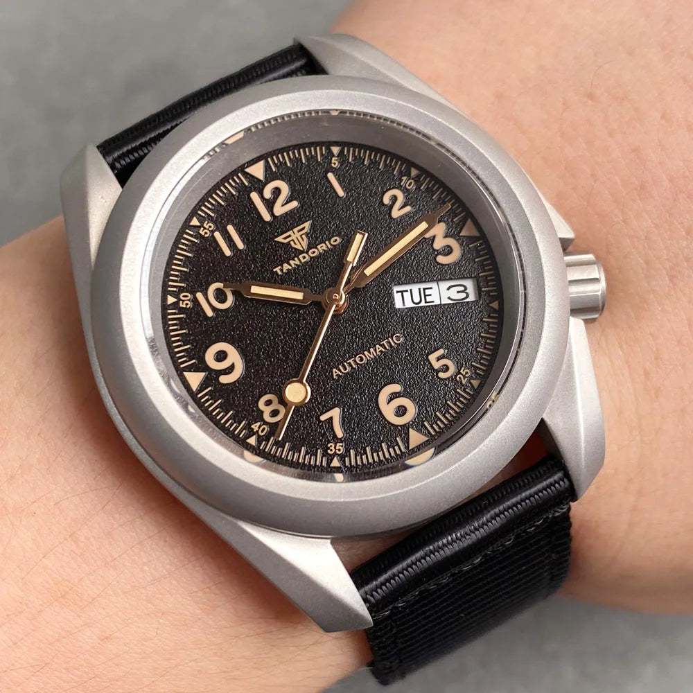 40mm Field Watch Tandorio TD145C Sapphire NH36 Automatic 3.8 Day Date Raw Skx 20BAR Titanium /Stainless Steel