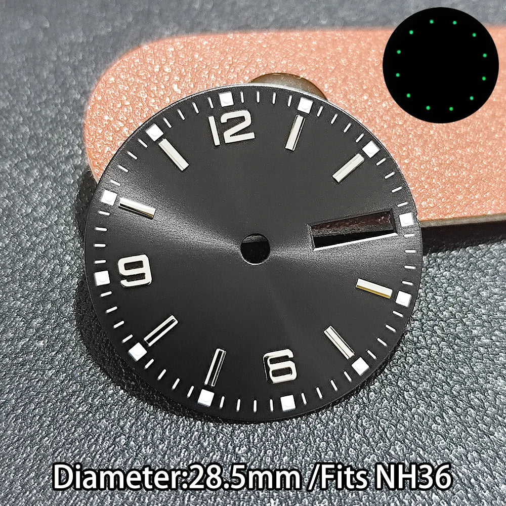 NH36 Dial 28.5mm Green Luminous For Nh36 Movement with hands set 8x12x12.5mm