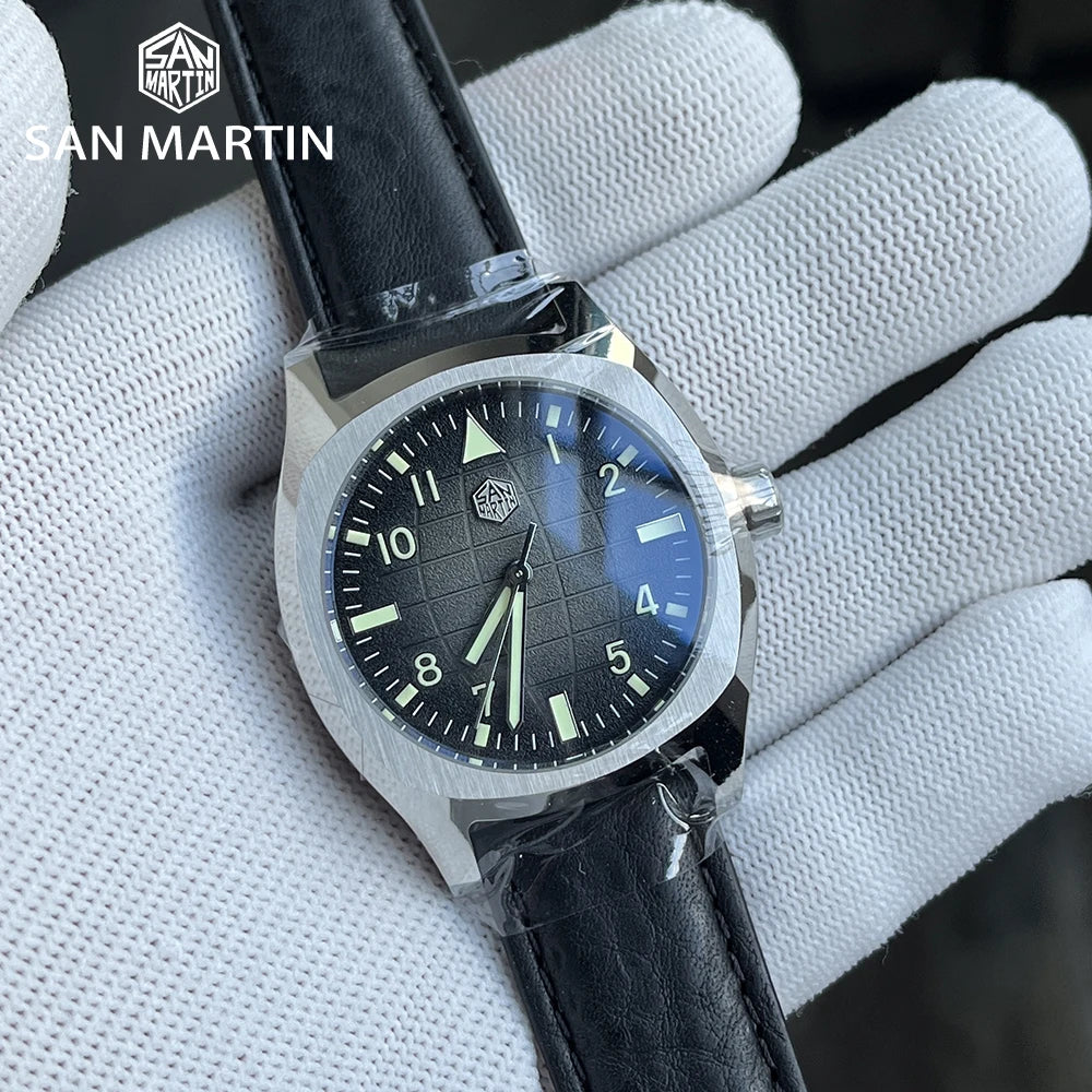 San Martin Dress Watch SN0026 38mm PT5000 SW200 Automatic Original Design Grid Textured Dial 10Bar C3 Lume Sapphire