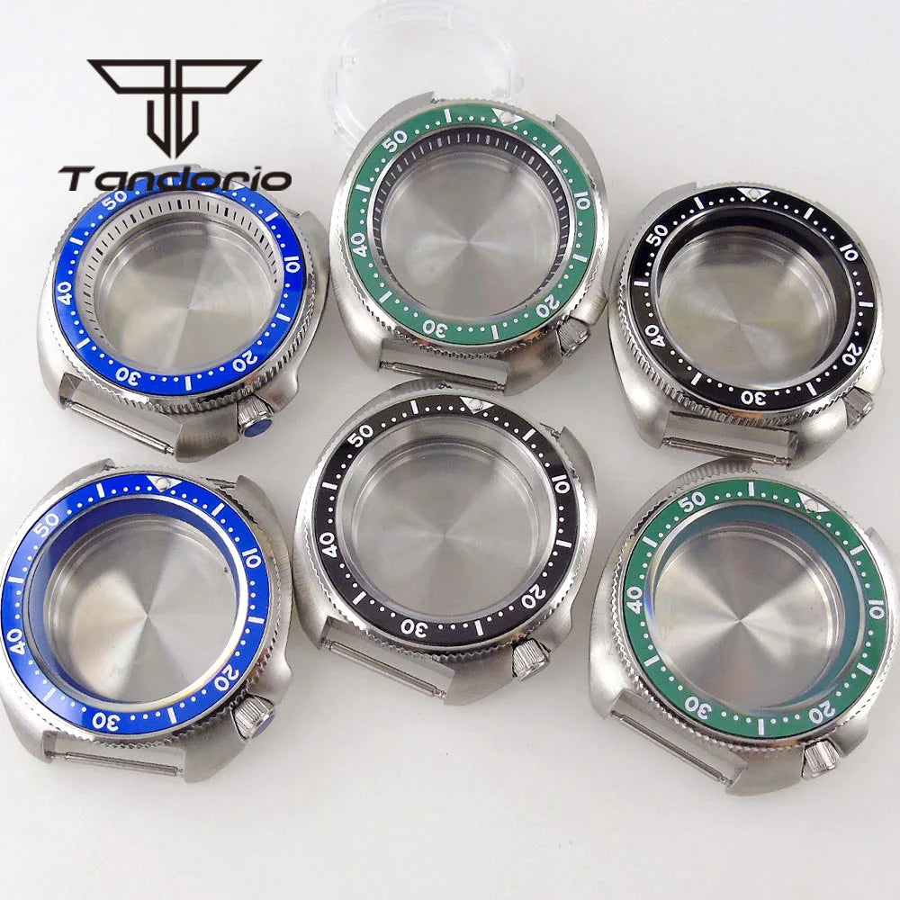 44mm Captain Willard Watch Case Stainless Steel Brushed Turtle Abalone 6105 Watch Case  20BAR Sapphire Glass Ceramic Rotating Bezel Fit NH34 NH35 NH36 ETA2824 PT5000 Movt