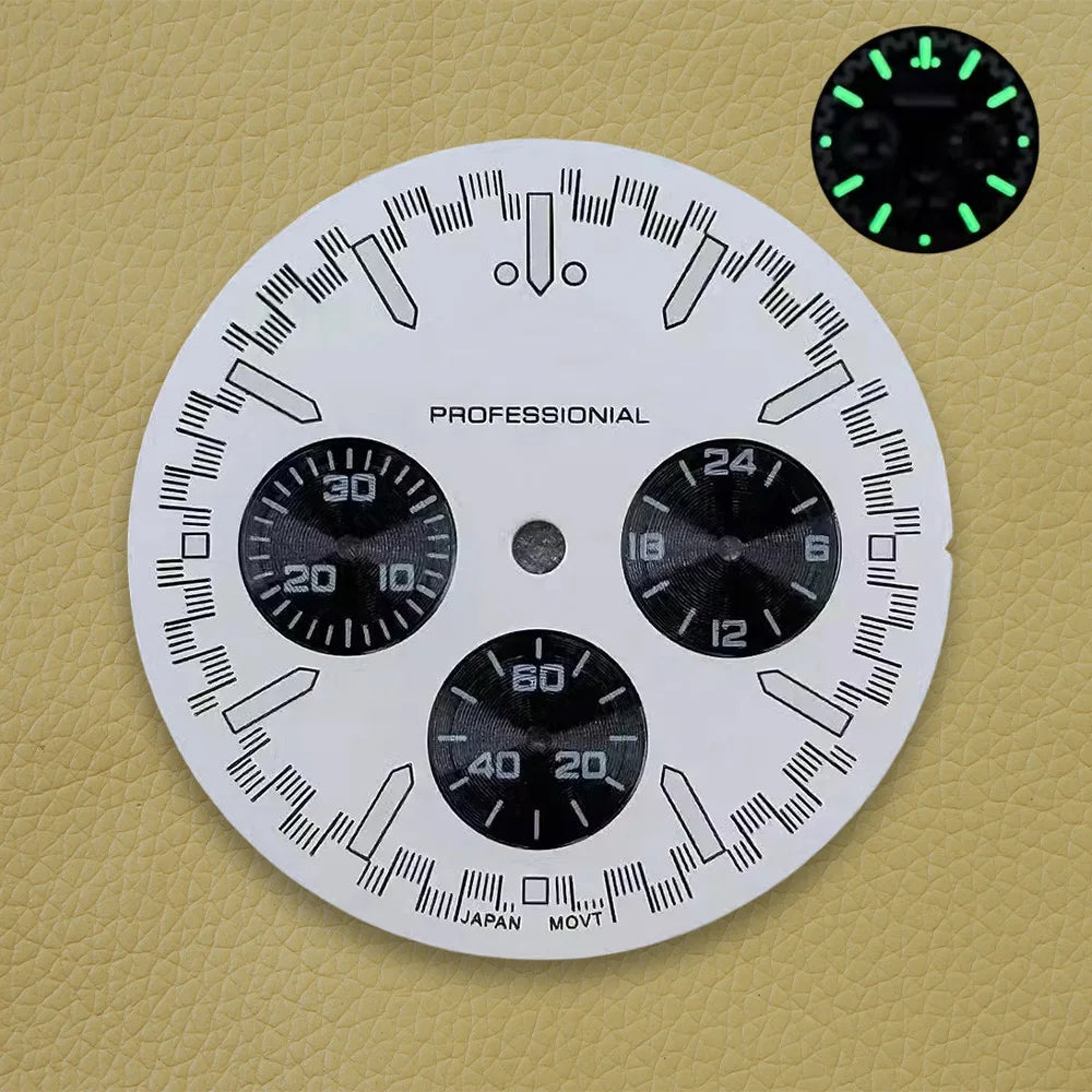 32.5mm Speed Dial Fit VK63 Movement Green Luminous Chronograph Watch Dial 3eyes