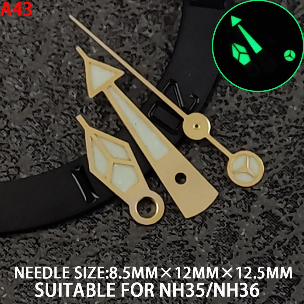 wide Watch Hands for NH35 Green Luminous Gold Silver Edge Watch Accessories with Diamond/Sword/Cross Second Hand for NH35/NH36/4R/7S Movement