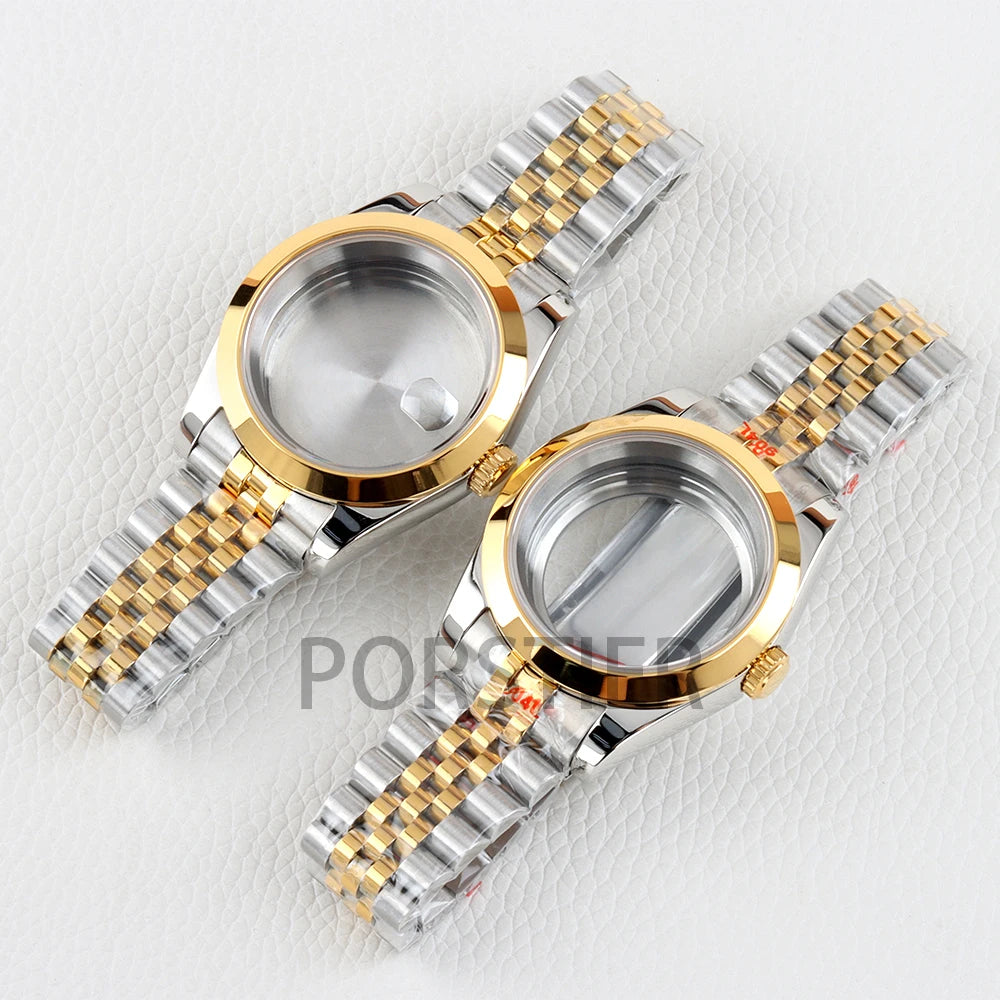 Smooth Bezel Two Tone Gold 36/39mm NH35 Watch Case 20mm Solid 316L Stainless Steel Jubilee/Oyster Strap for Datejust NH35 NH36 Movement 28.5mm Dial 10bar