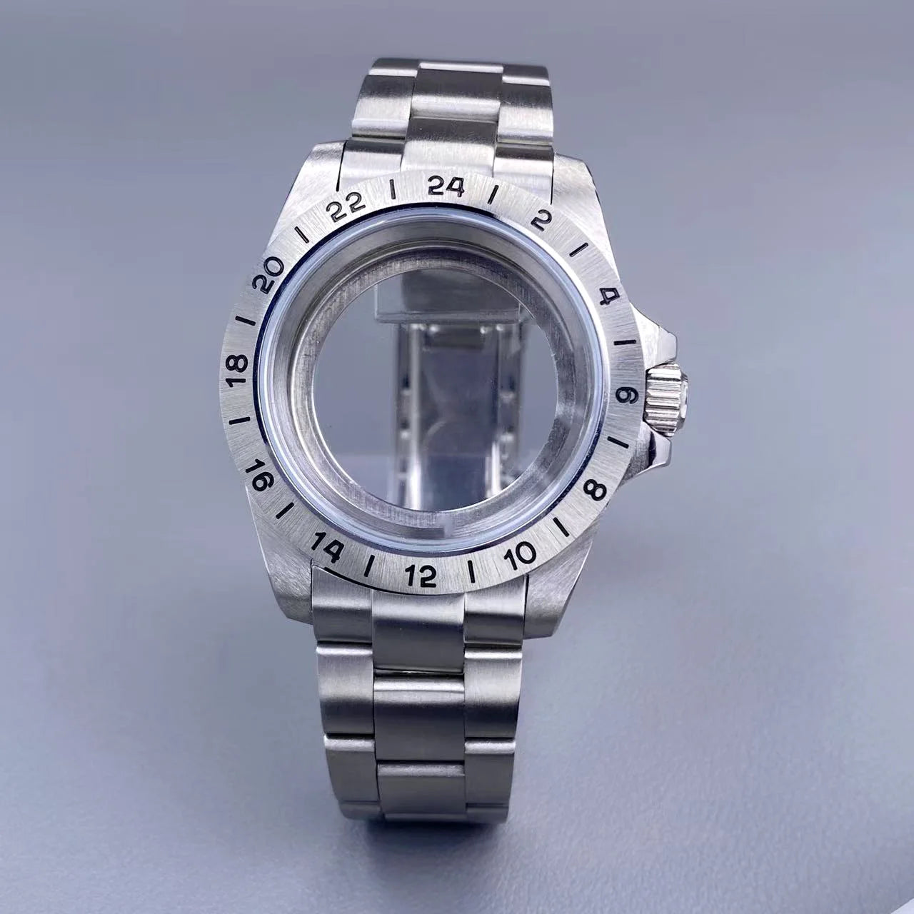 39mm EXP 24 Hour GMT Watch Case Fixed Bezel  Sapphire for NH35/NH36 Movement Frosted Steel Strip