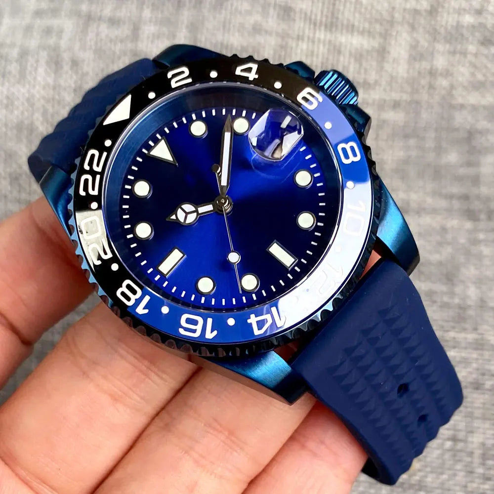 NH35サントスオマージュ カスタムウォッチ NH35 Blue Coated Watch Case Swim Sunburst Blue Steel Automatic