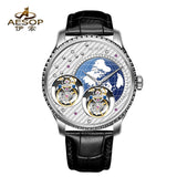 Double Flying Tourbillon Watch World Map AESOP 7116 42mm Skeleton Luxury Waterproof Wristwatches Sapphire