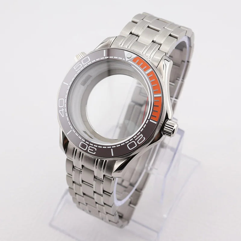 42mm NH35 Stainless Steel Seamaster Watch Case Mineral/Sapphire Glass Black Ceramics Bezel Insert with Bracelet for Seiko Mod Seamaster Build Parts