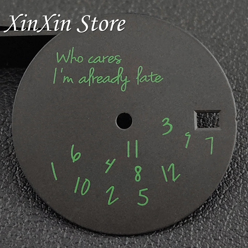 Black NH35 28.5mm Watch Dial Who Cares  With Lightning Second Hands For NH35 4R35 Movement Who Cares Lt's Already Late Replace Watch Dial