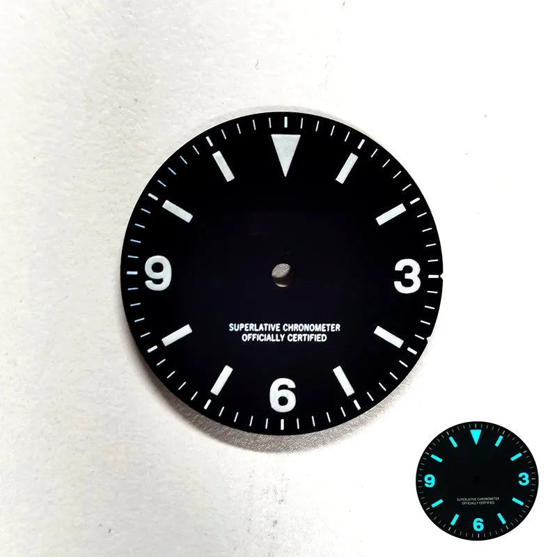 Explore Watch Dial Retro Matte Black Dial 369 Watch Face BGW9 C3 Lume Watch Mod NH35 Movement 28.5mm NH34Gmt Custom Logo and Text