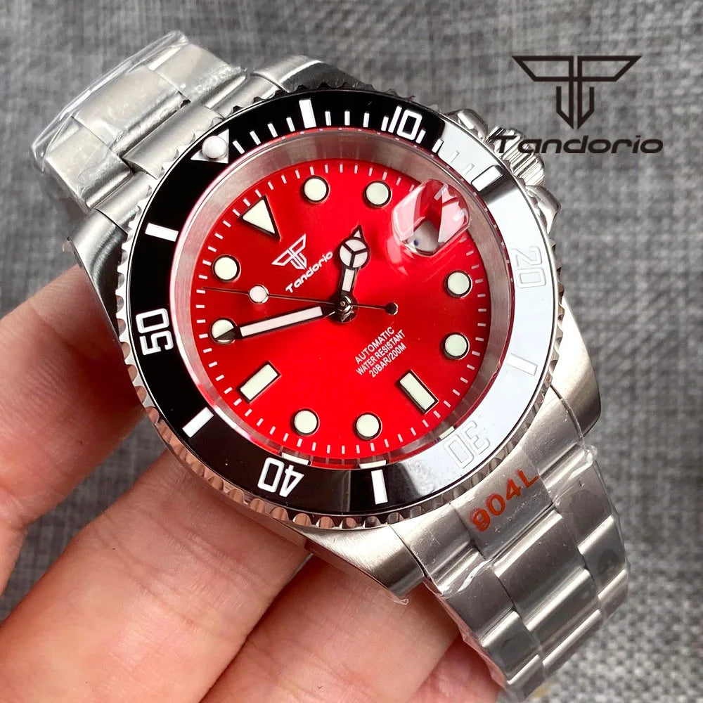 Tandorio Sub Watch TD203R NH35A Red Sunburst 40mm 200M Diver Rotating Bezel Sapphire