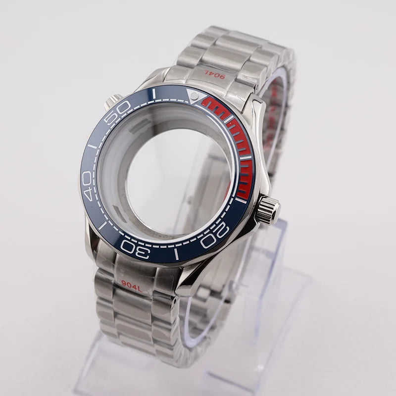 42mm NH35 Stainless Steel Seamaster Watch Case Mineral/Sapphire Glass Black Ceramics Bezel Insert with Bracelet for Seiko Mod Seamaster Build Parts