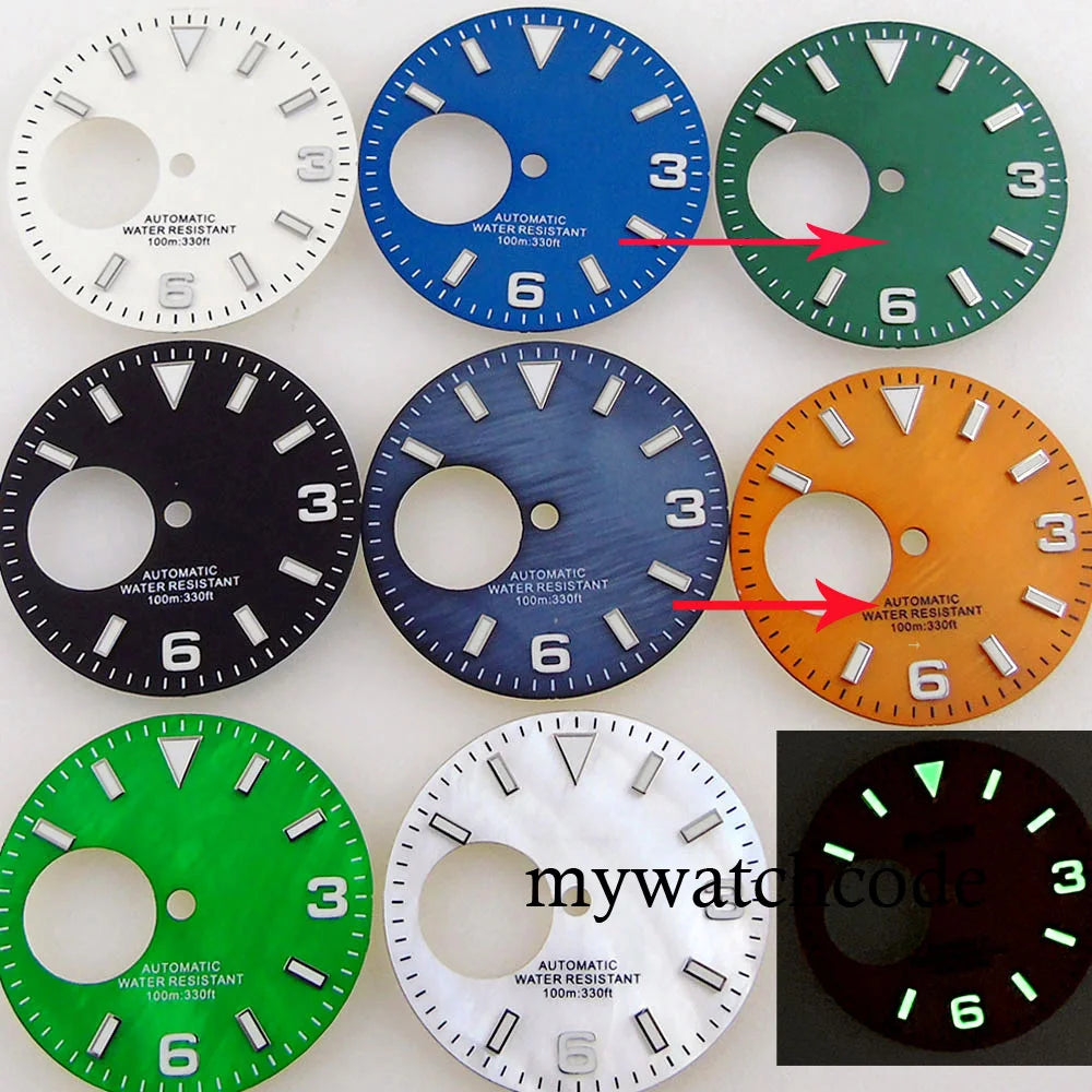 Fit NH38 NH38A Automatic Movement 29mm Blue/Green/White/Orange/Black Watch Hollow Dial Green Luminous Marks Watch Spare Parts