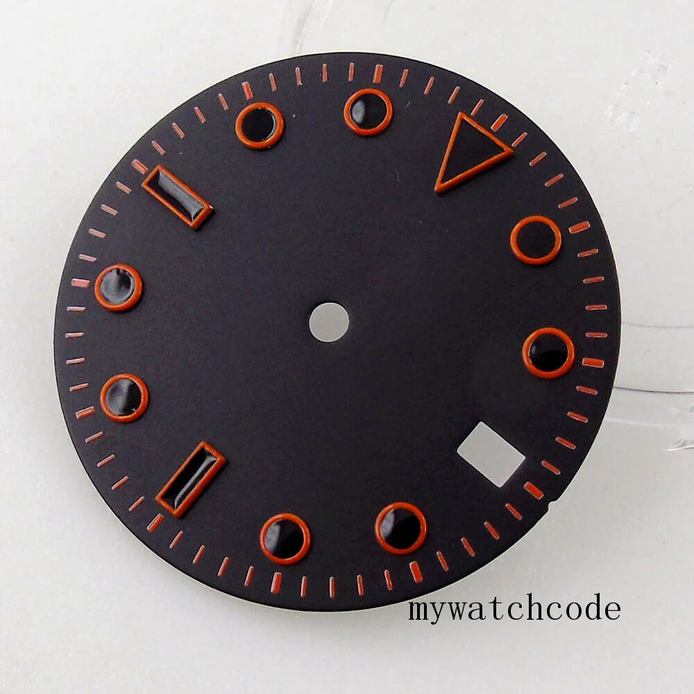 29MM Black Sterile Watch Dial with Date Window Orange Marks Fit NH35A NH36A MIYOTA 8215 821A ETA 2836 2824 Automatic Movement