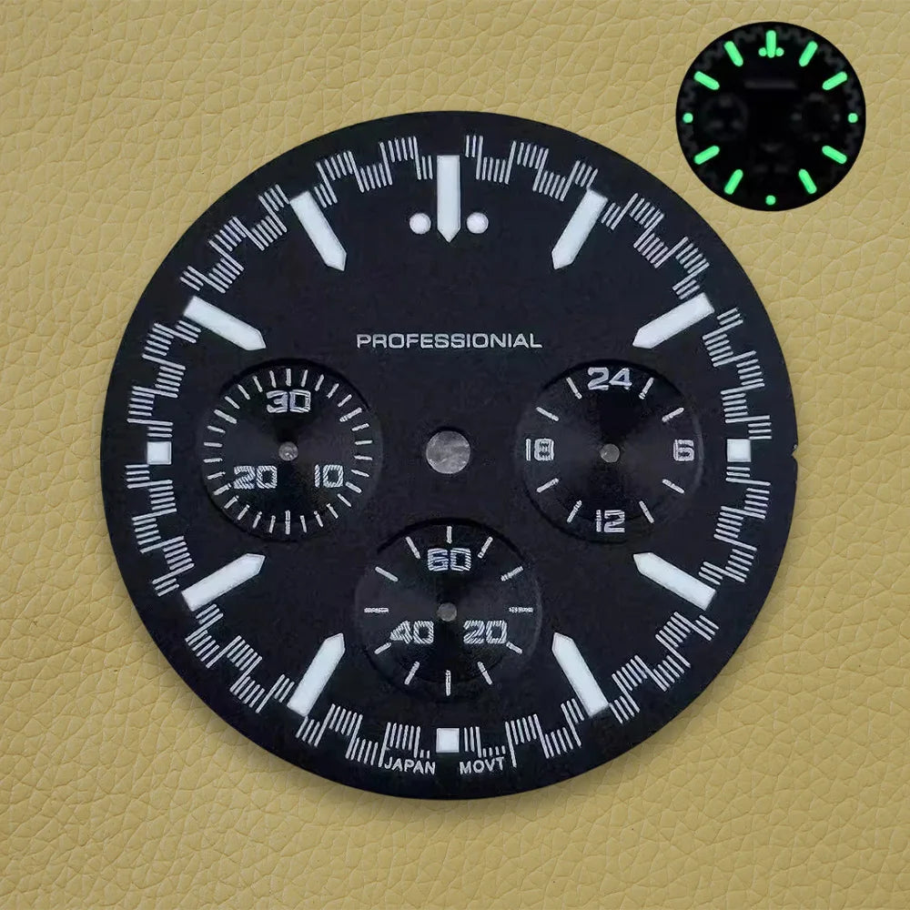32.5mm Speed Dial Fit VK63 Movement Green Luminous Chronograph Watch Dial 3eyes