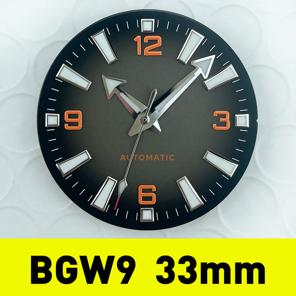 33mm No Logo Black Orange Gradient Sterile Watch Dial for Nh38 Nh35 Movement Planet Style Mens Watch BGW9 Lume + Hands