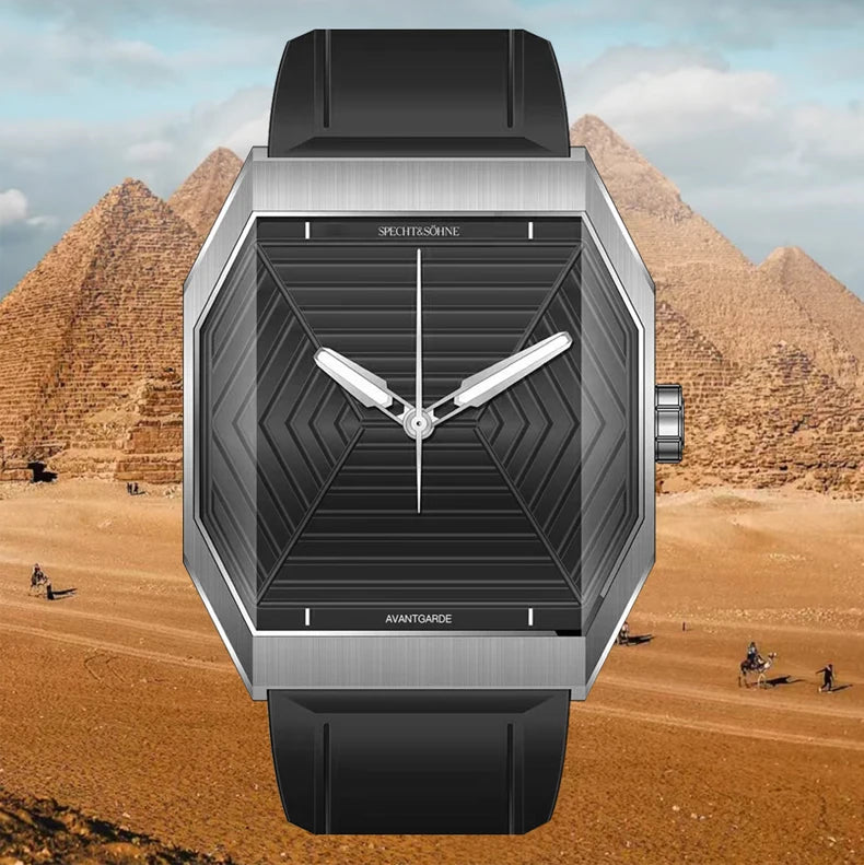 Fashion Octogon Watch 36mm Specht & Söhne Grey Color VH31 Quartz Egyptian Pyramids Dial Rubber Sapphire Crystal Stainless Steel Watch