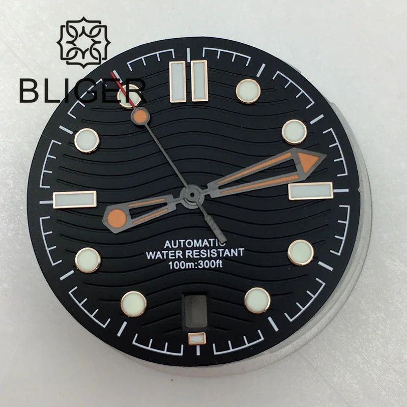 31mm seamaster Wave Watch Dial Hand Set 6 O'clock Date Window Black White Blue Green Fit NH35 Movement Luminus