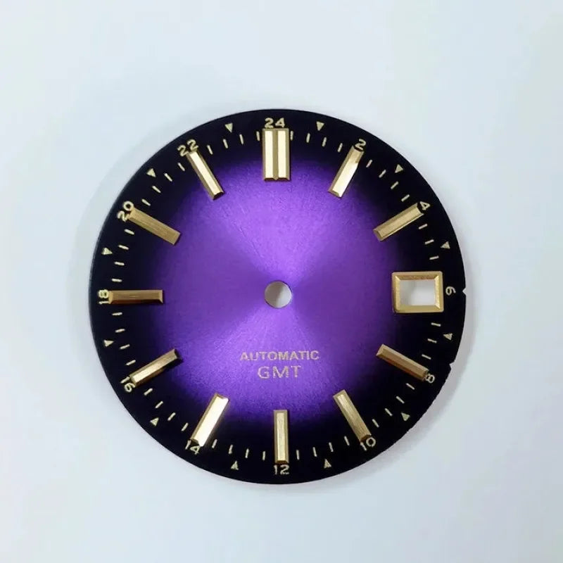Premium Watch Dial Sunburst Dial 28.5mm No Lume Gold IndexNH35 NH34 GMT Movement Custom Logo Text Modification Watch