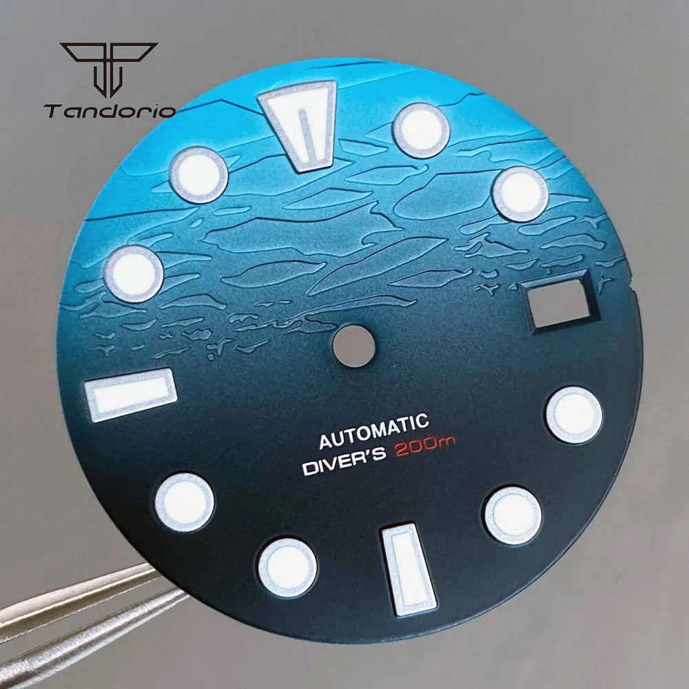 29mm Blue Ocean Matte Texture Watch Dial Gradient Color Fit NH35  Date Window Hands Set Green Lume Wristwatch Face Accessories