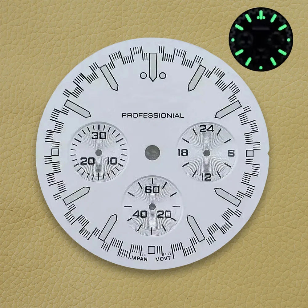 32.5mm Speed Dial Fit VK63 Movement Green Luminous Chronograph Watch Dial 3eyes