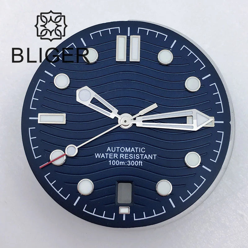 31mm seamaster Wave Watch Dial Hand Set 6 O'clock Date Window Black White Blue Green Fit NH35 Movement Luminus