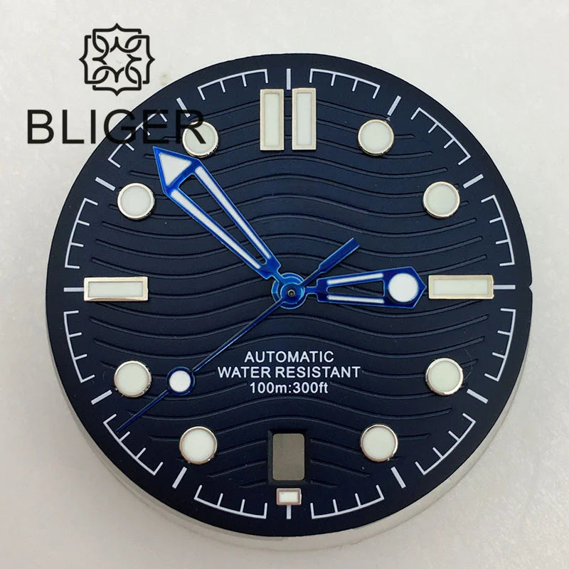31mm seamaster Wave Watch Dial Hand Set 6 O'clock Date Window Black White Blue Green Fit NH35 Movement Luminus
