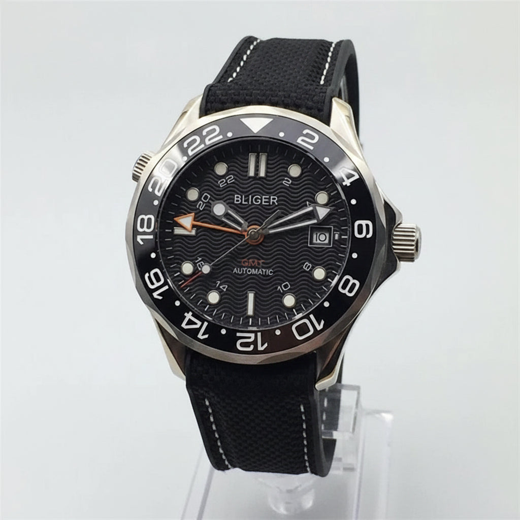 BLIGER 41mm NH34 GMT Automatic Blue Ceramic Bezel Sapphire Glass Black - Tandorio Watches