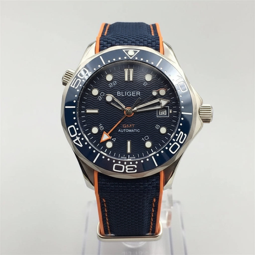 BLIGER 41mm NH34 GMT Automatic Blue Ceramic Bezel Sapphire Glass Black - Tandorio Watches