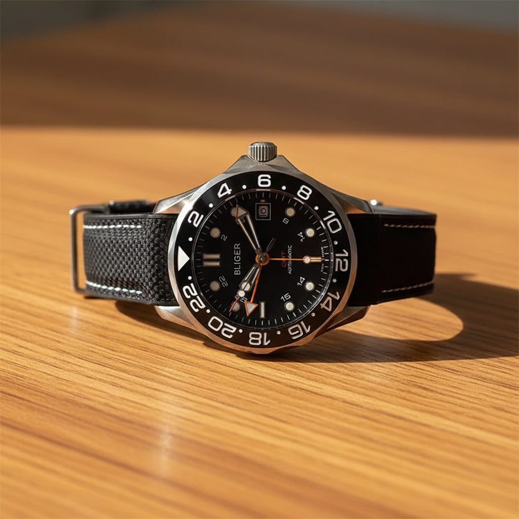 BLIGER 41mm NH34 GMT Automatic Blue Ceramic Bezel Sapphire Glass Black - Tandorio Watches