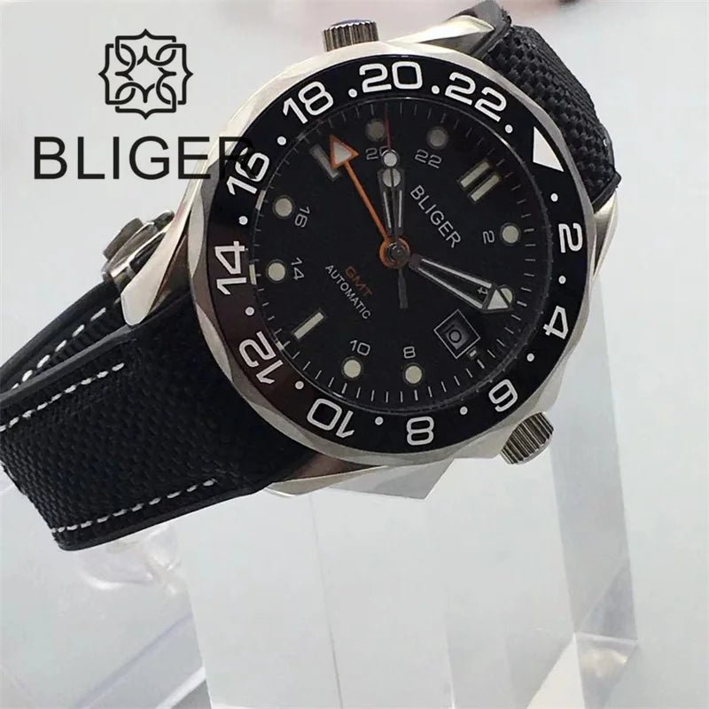 BLIGER 41mm NH34 GMT Automatic Blue Ceramic Bezel Sapphire Glass Black - Tandorio Watches