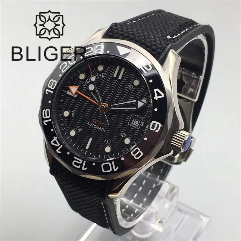 BLIGER 41mm NH34 GMT Automatic Blue Ceramic Bezel Sapphire Glass Black - Tandorio Watches