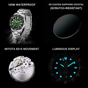 CADISEN C8245 Diver AR Sapphire MIYOTA 8215 Mechanical Wristwatch Ceramic Ring 10Bar Luminous - Tandorio Watches