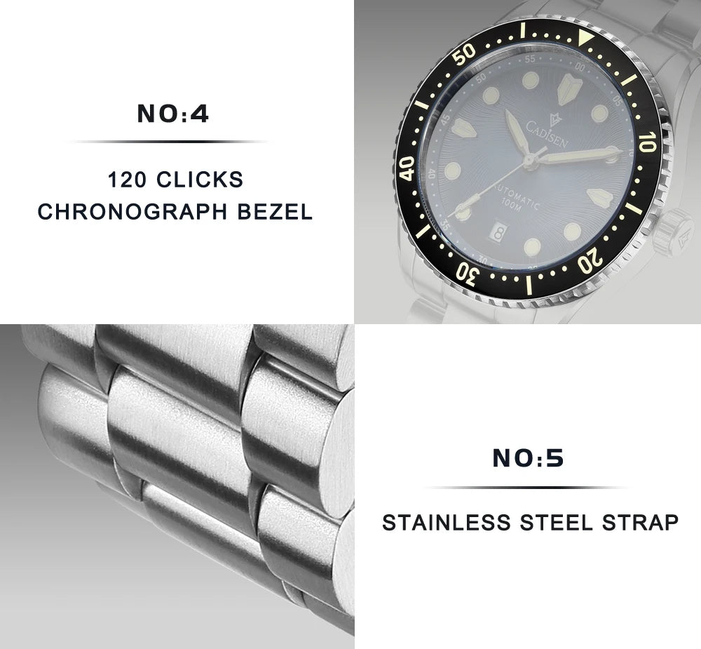 CADISEN C8245 Diver AR Sapphire MIYOTA 8215 Mechanical Wristwatch Ceramic Ring 10Bar Luminous - Tandorio Watches