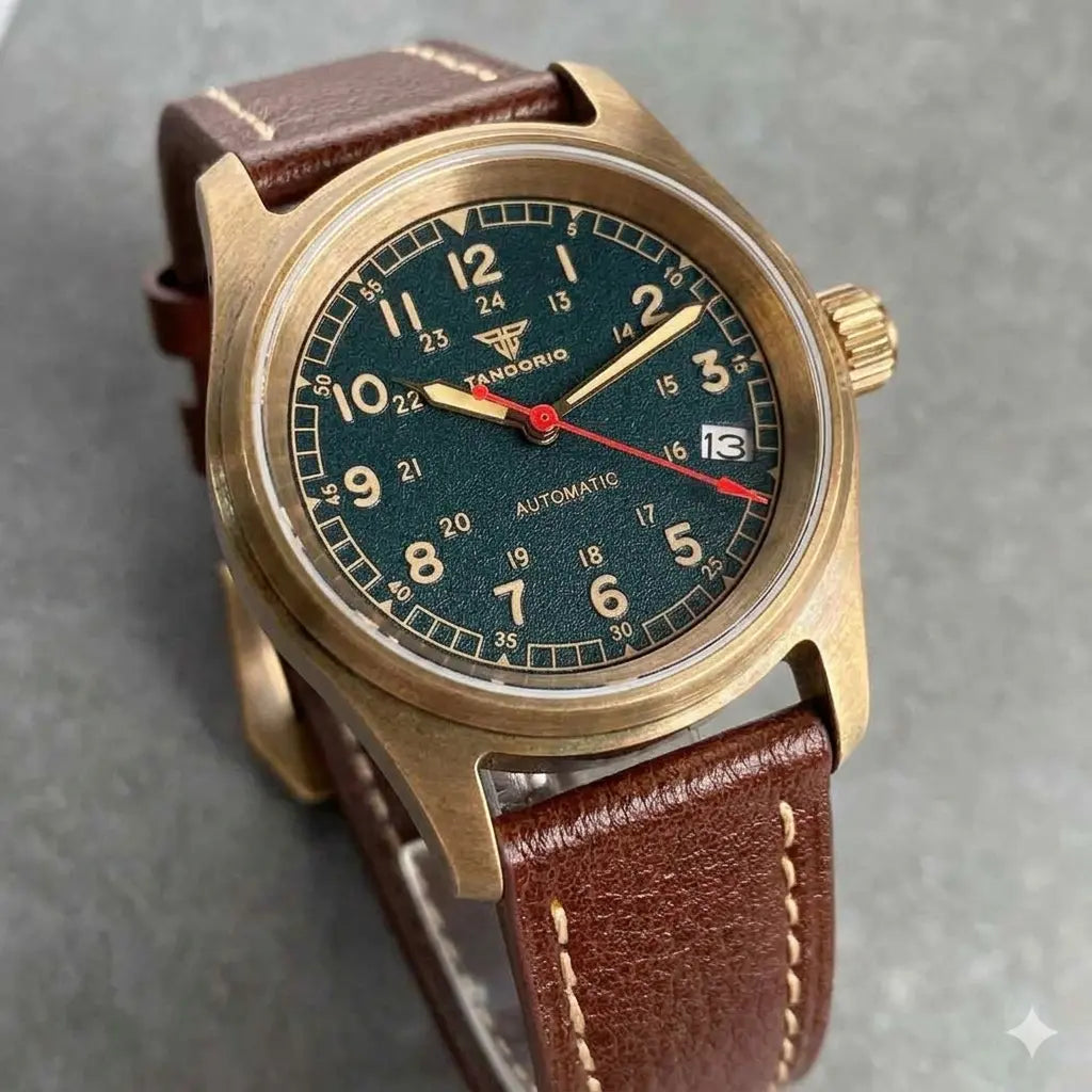 36mm Bronze Pilot Watch Tandorio TD130B Sapphire Frosted Dial Date 20ATM NH35A Automatic