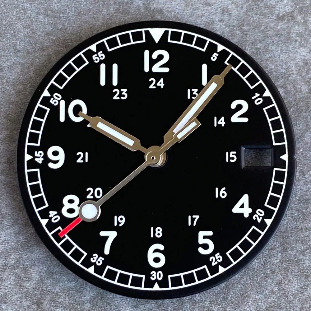 Nologo 29mm Pilot Field Watch Dial Face for NH35 NH36 3.8/3 Clock Watch Mod Case Numbers Markers Vintage Black Hand SKX Mod - Tandorio Watches