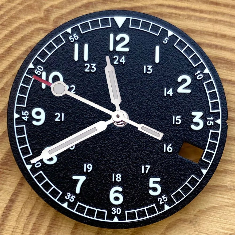 Nologo 29mm Pilot Field Watch Dial Face for NH35 NH36 3.8/3 Clock Watch Mod Case Numbers Markers Vintage Black Hand SKX Mod - Tandorio Watches