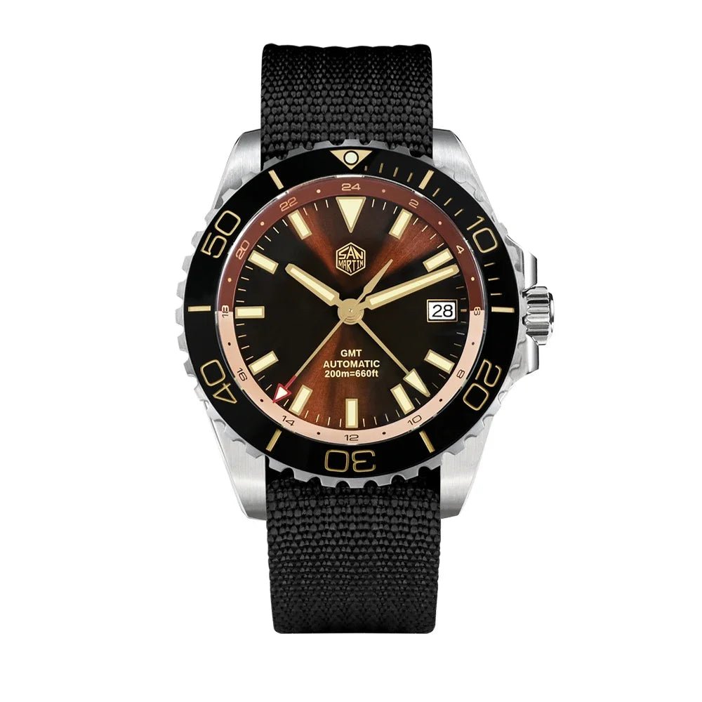 San Martin GMT Dive Watch SN0136 39mm NH34 Automatic Sunburst Enamel Dial AR Sapphire C3 Green Luminous - Tandorio Watches