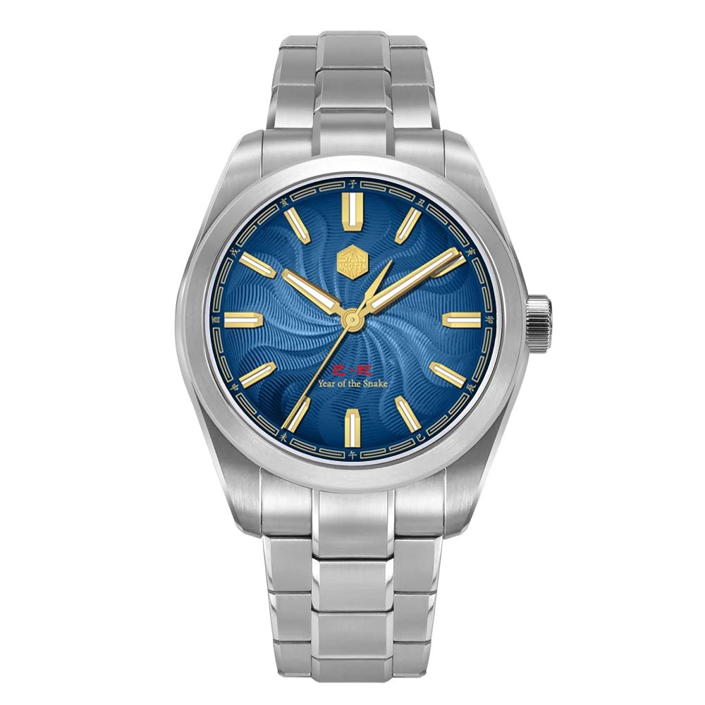 San Martin SN0144 Dress Watch 2025 Guilloche Dial Snake Year Limited 39mm Miyota 90S5 Automatic Clear Caseback Ar Sapphire Swiss Lume - Tandorio Watches