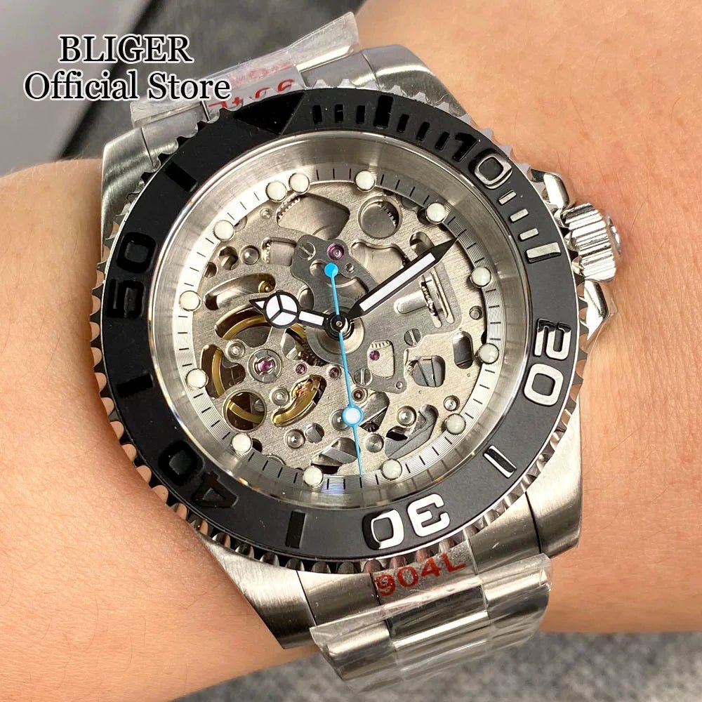 Tandorio 40mm NH70A Automatic Dive Watch 200M Waterproof Skeleton Dial Steel Glass Back - Tandorio Watches