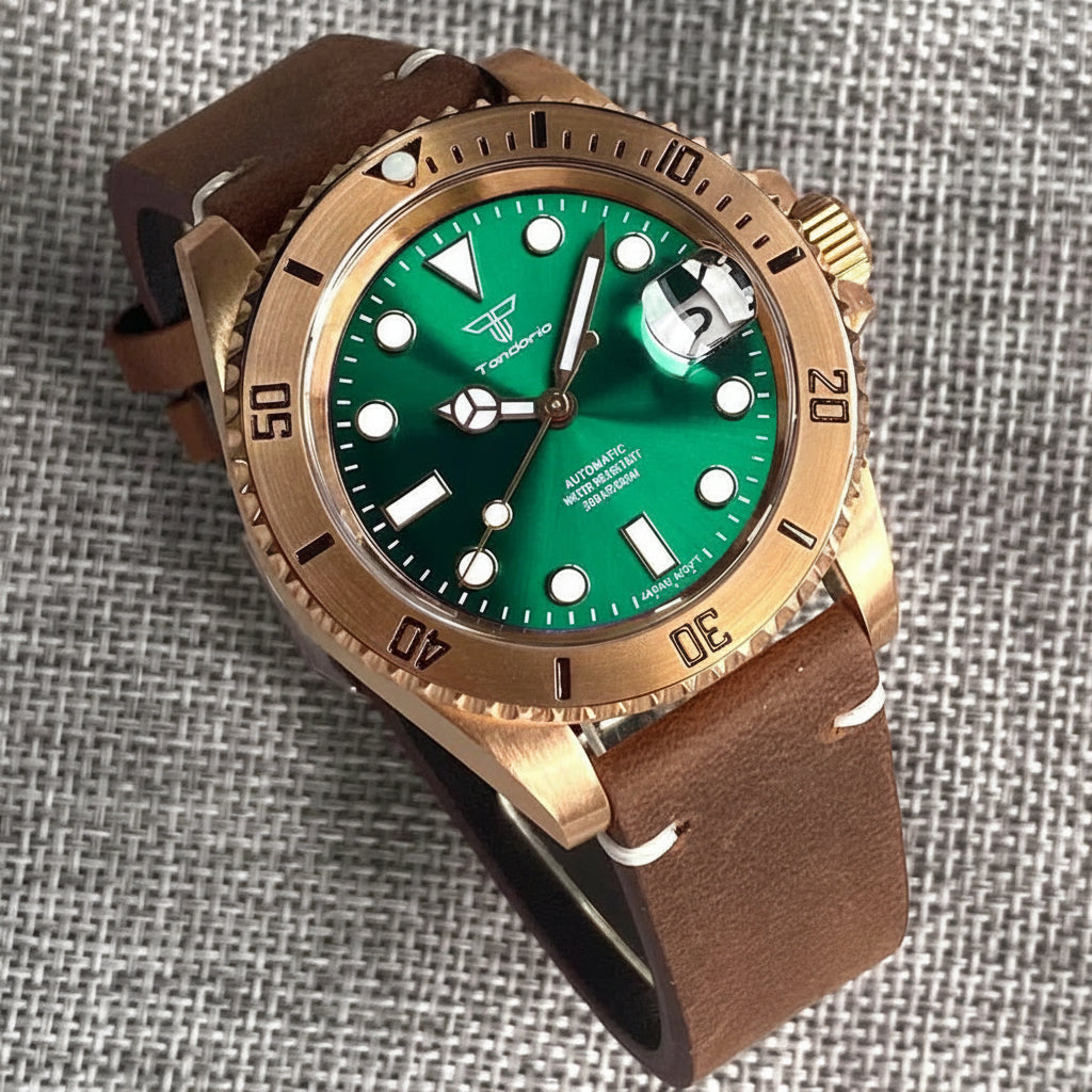 Tandorio 40mm Real Bronze Diver Sunburst Green NH35 Movt 20bar Sapphire - Tandorio Watches