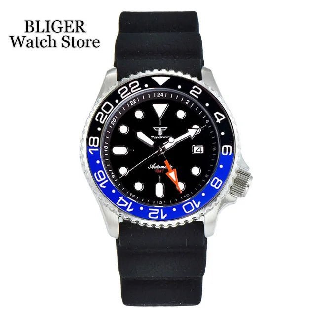 Tandorio Dive 41mm Black NH34 GMT Steel Mechanical Watch Men NH34A 24 Hours Chapter Ring 120click Bezel Sapphire Glass 3.8 Crown - Tandorio Watches