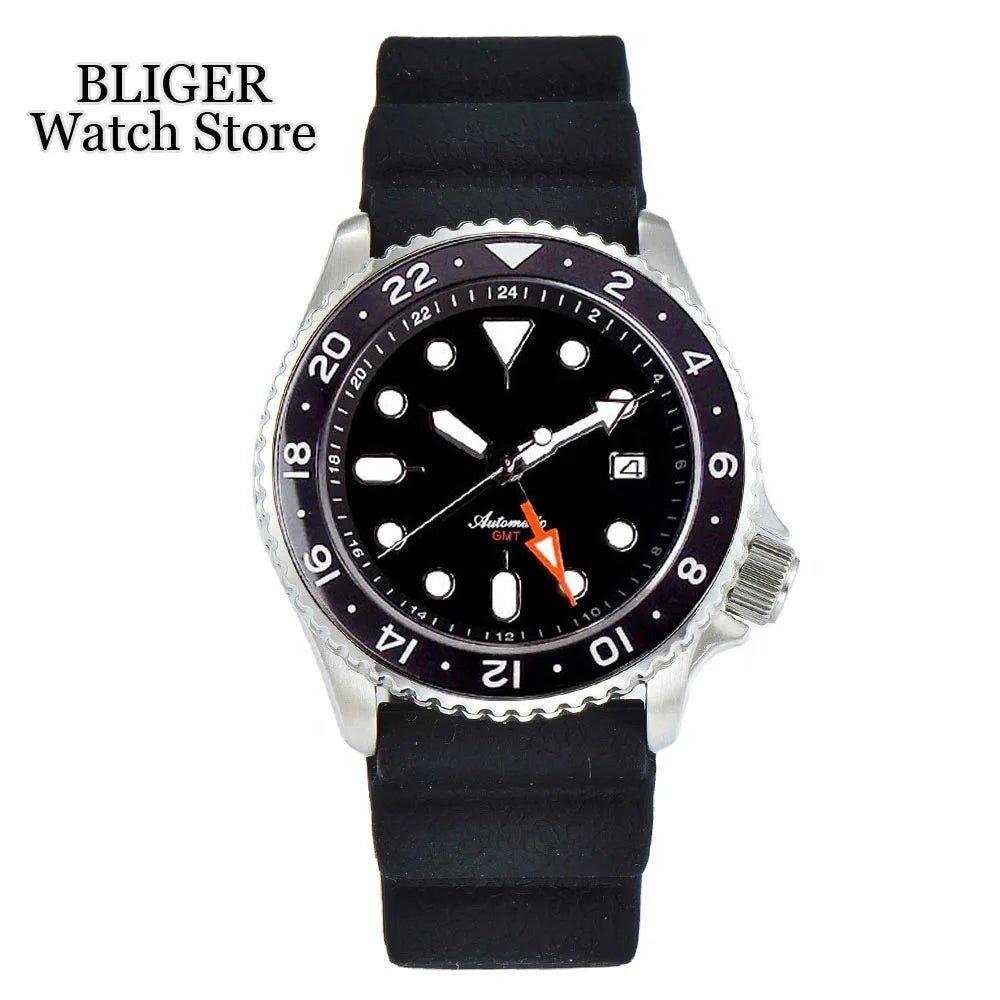 Tandorio Dive 41mm Black NH34 GMT Steel Mechanical Watch Men NH34A 24 Hours Chapter Ring 120click Bezel Sapphire Glass 3.8 Crown - Tandorio Watches