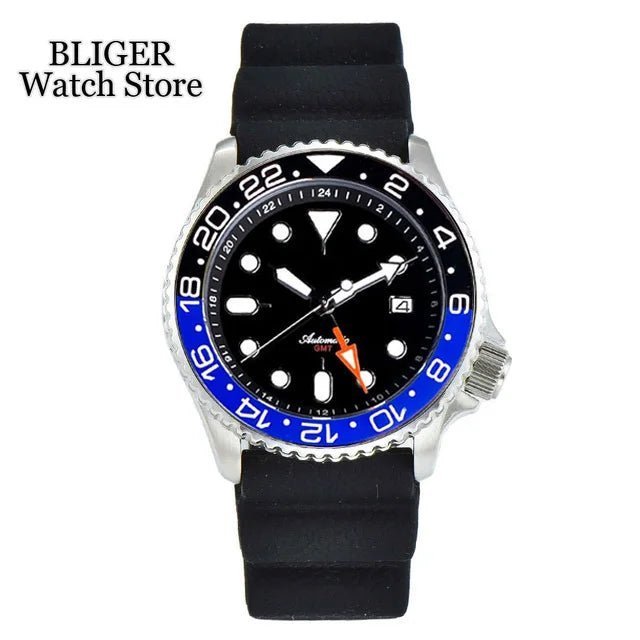 Tandorio Dive 41mm Black NH34 GMT Steel Mechanical Watch Men NH34A 24 Hours Chapter Ring 120click Bezel Sapphire Glass 3.8 Crown - Tandorio Watches