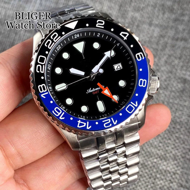 Tandorio Dive 41mm Black NH34 GMT Steel Mechanical Watch Men NH34A 24 Hours Chapter Ring 120click Bezel Sapphire Glass 3.8 Crown - Tandorio Watches