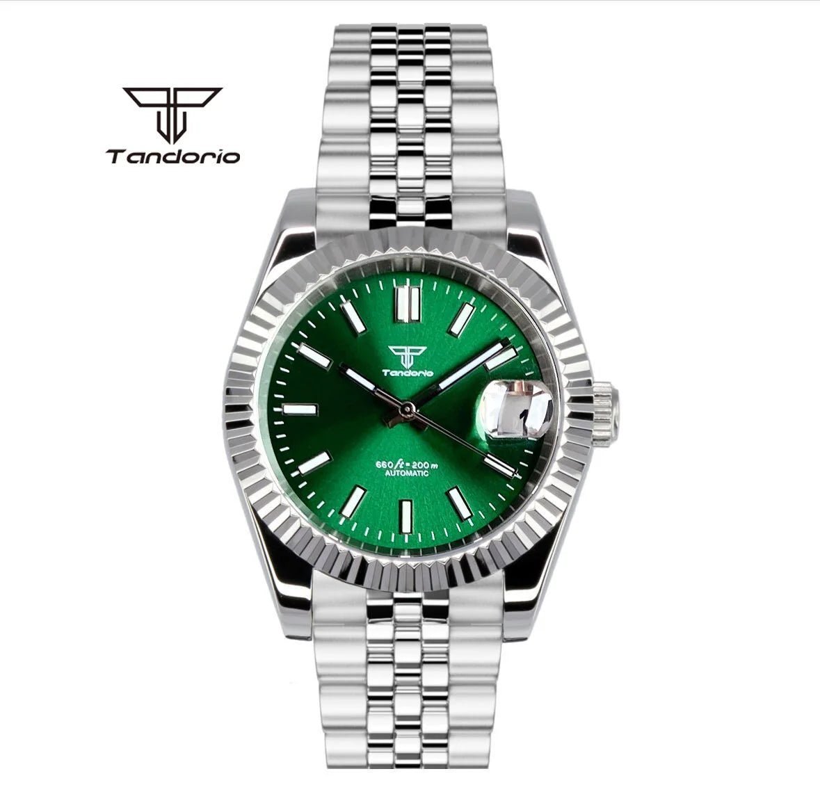 Tandorio Datejust TD136 dress NH35A 36mm/39mm Sapphire Crystal 5bar glass back - green logo dial / 36mm-glass back Tandorio Datejust TD136 dress NH35A 36mm/39mm Sapphire Crystal 5bar glass back - green logo dial / 36mm-glass back